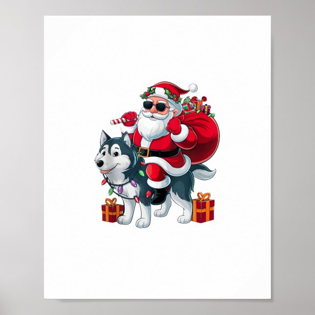 Póster Navidades de perros Husky en Santa Riding (Frente)
