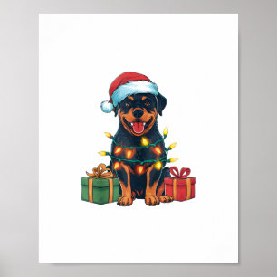 Póster Navidades de perros rottweiler de Santa Hat Ilumin