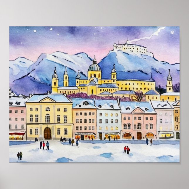 Póster Navidades de Salzburgo Austria Watercolor (Frente)