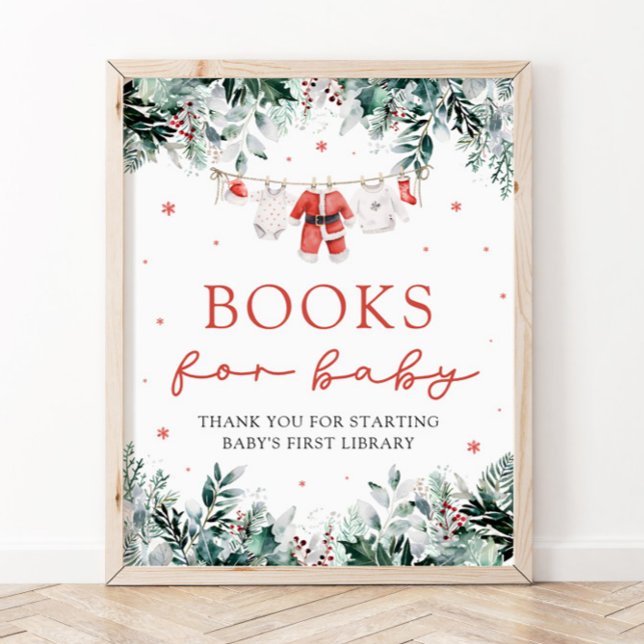 Póster Navidades de Santa Bebé Libros de Baby Shower para (Watercolor Red Santa Gender Neutral Books for Baby Baby Shower Sign)