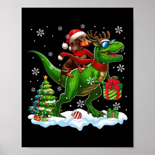 Póster Navidades de Santa Dachshund Riding Reindeer T-rex (Frente)