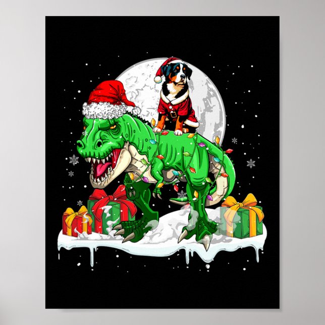 Póster Navidades de Santa Entlebucher Riding T-rex (Frente)