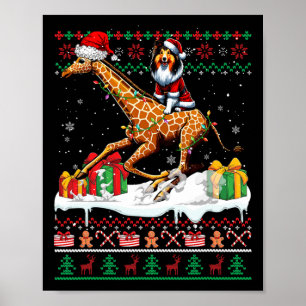 Póster Navidades de Santa Shetland Sheepdog Riding Giraff