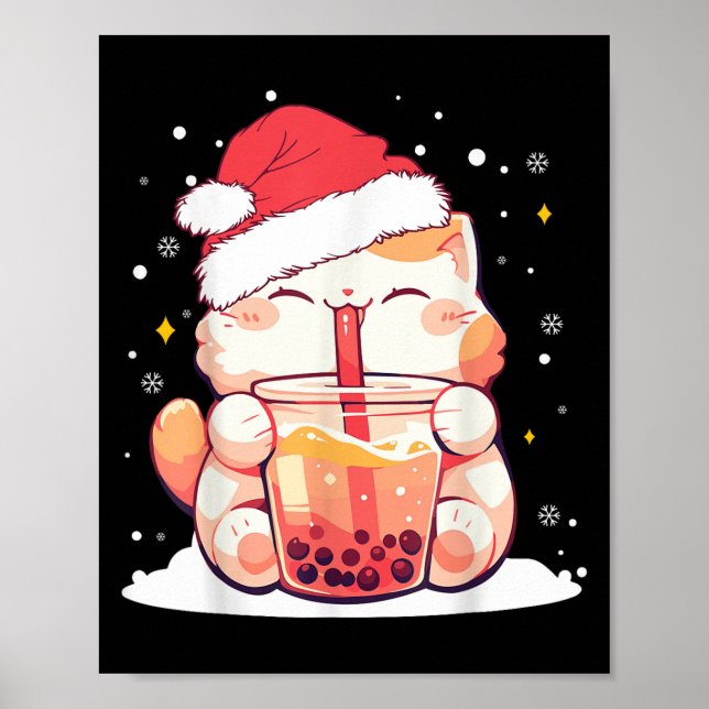 Póster Navidades de té con leche y burbujas Santa Hat Cat (Frente)