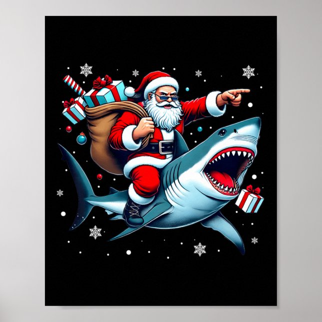 Póster Navidades de tiburones en Santa Riding Pajama Cute (Frente)