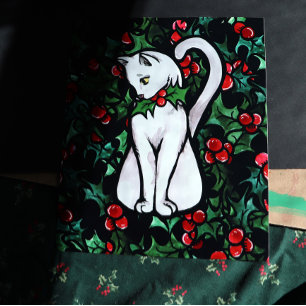 Póster Navidades de vacaciones Holly White Cat