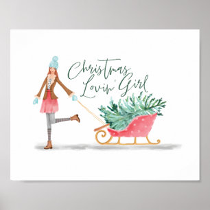 Póster Navidades de Waterolor Chica de Lovin Pulling Slei