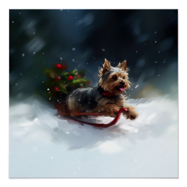 Póster Navidades de Yorkshire Terrier en invierno (Anverso)