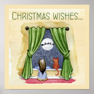 Póster Navidades desean navidades infantiles y gatos gato