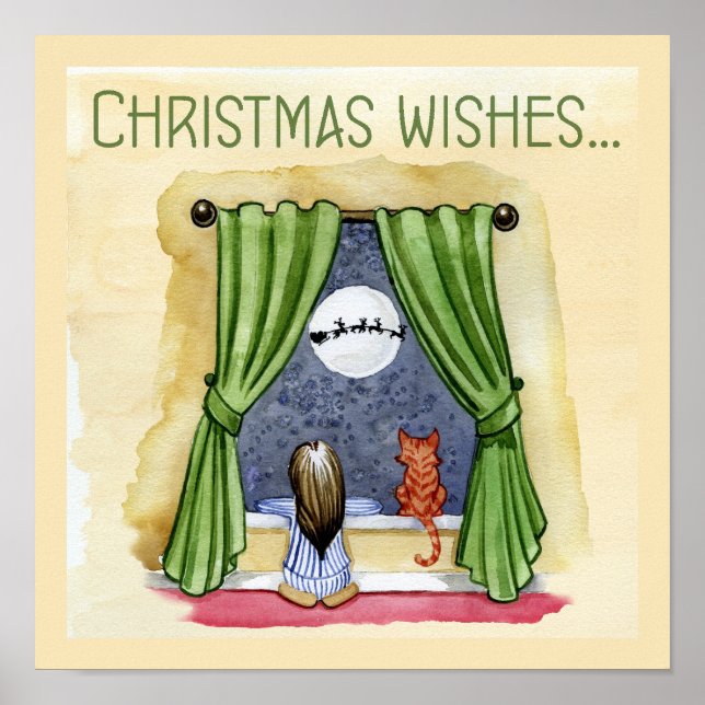 Póster Navidades desean navidades infantiles y gatos gato (Frente)