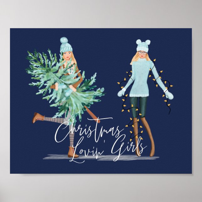Póster Navidades divertidos Chicas de amor sostienen árbo (Frente)