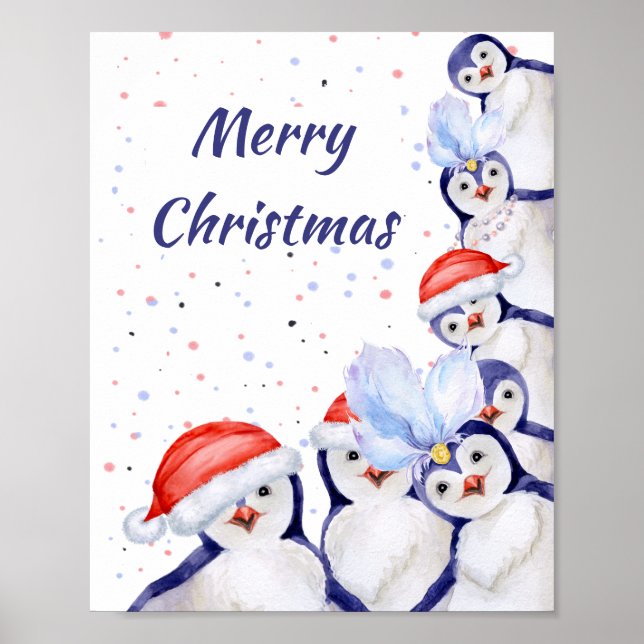 Póster Navidades divertidos pingüinos acuarela (Frente)