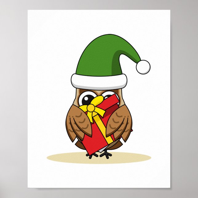 Póster Navidades Elf Owl con presente (Frente)