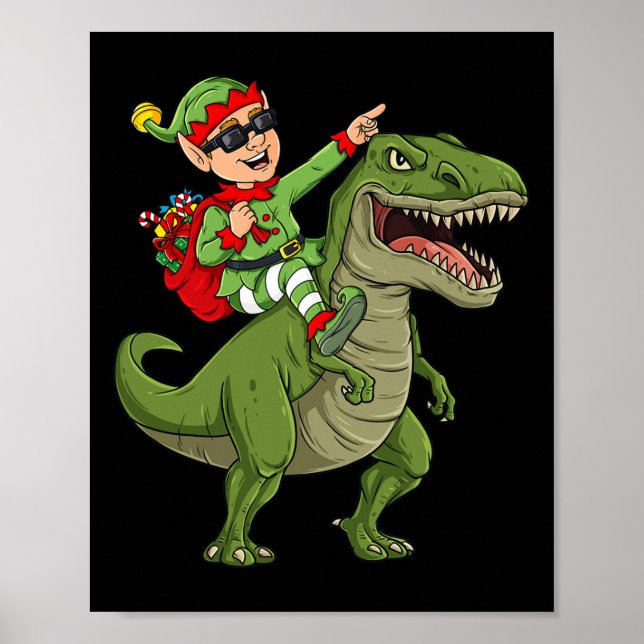 Póster Navidades Elf Riding Dinosaur T Rex Niños Diversió (Frente)