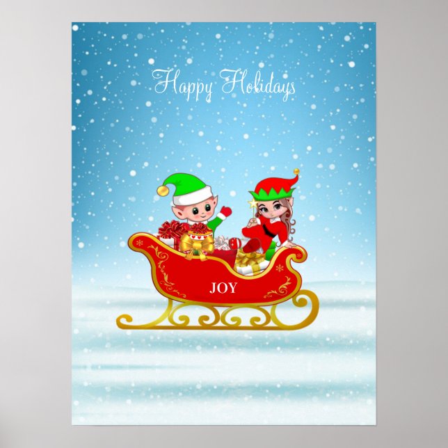 Póster Navidades Elves en Sleigh con presentes (Frente)