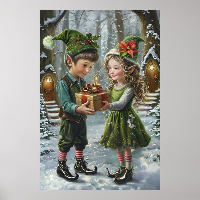 Póster Navidades Elves Gift Exchange - Holiday Woodland (Frente)