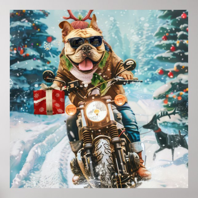 Póster Navidades en motocicleta de bulldog (Frente)