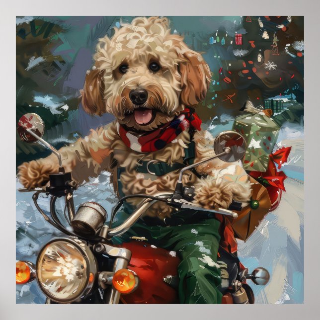 Póster Navidades en motocicleta de Cockapoo Dog Riding (Frente)