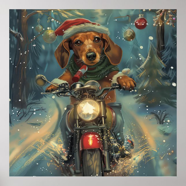 Póster Navidades en motocicleta de Dachshund (Frente)