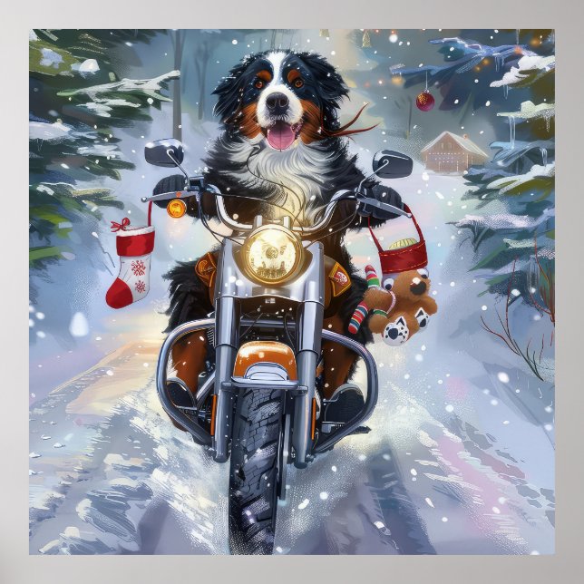 Póster Navidades en motocicleta de Montaña Perro de Berna (Frente)