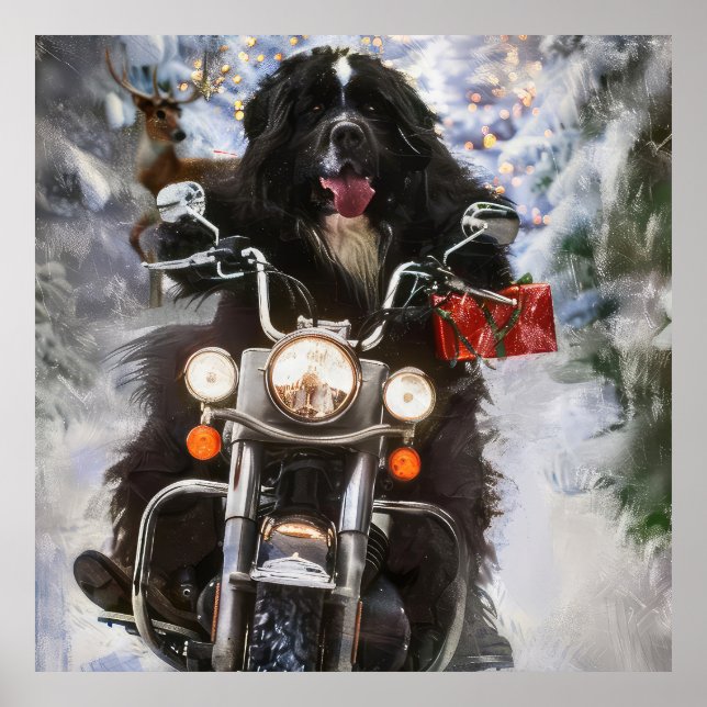 Póster Navidades en motocicleta de perros de Terranova (Frente)