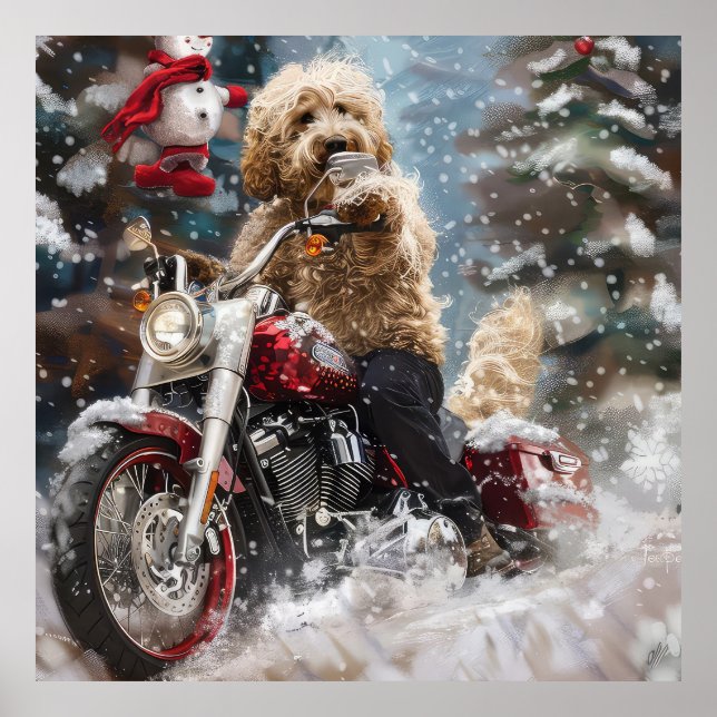 Póster Navidades en motocicleta Goldendoodle Dog Riding (Frente)