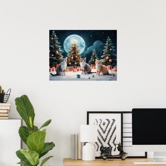 Póster Navidades encantadores noche con gatitos (Oficina en casa)