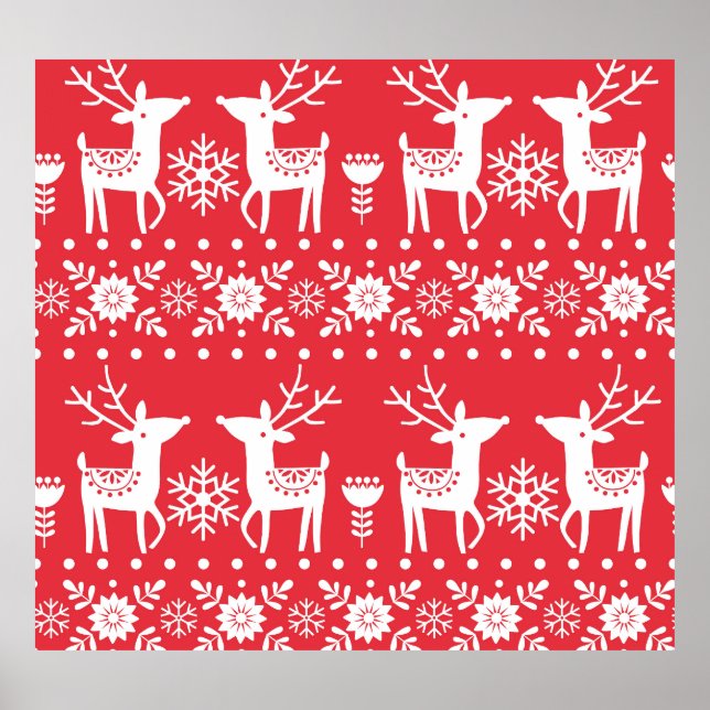 Póster Navidades escandinavos: Copos de nieve y ciervo (Frente)