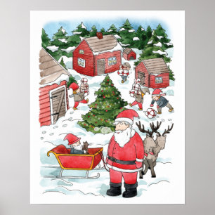 Póster Navidades escandinavos de Tomten Village Watercolo
