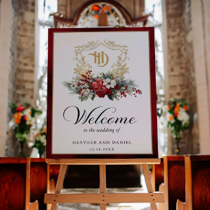 Póster Navidades Escudo Floral Boda Monograma Bienvenida