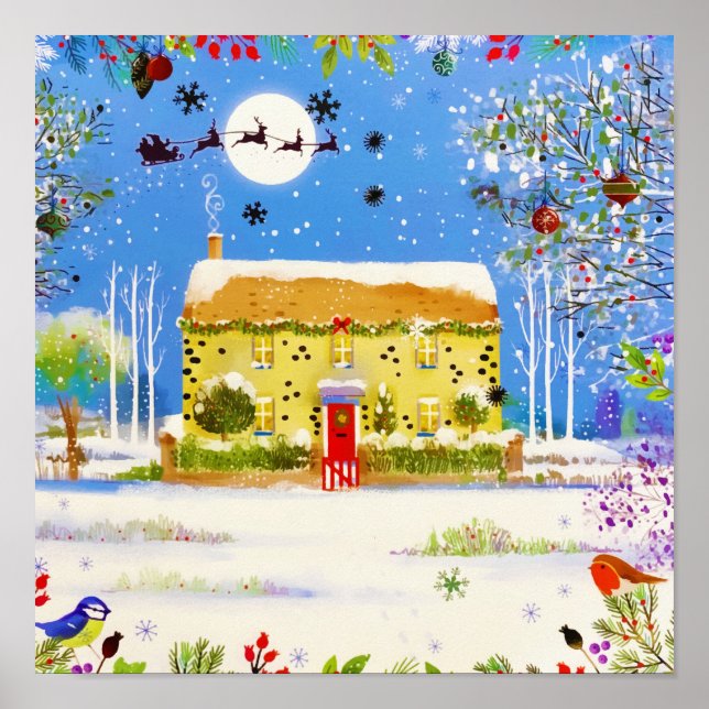 Póster Navidades festivos acuarela de invierno (Frente)