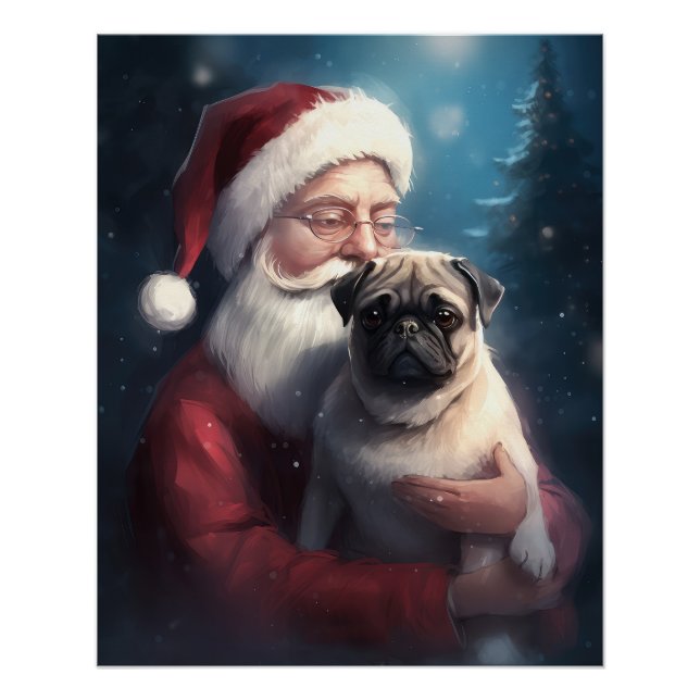 Póster Navidades festivos de Pug con Santa Claus (Anverso)