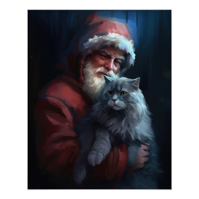 Póster Navidades festivos del gato azul ruso Santa Claus (Anverso)