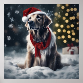 Póster Navidades festivos Golden Retriever con Santa Hat