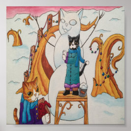 Póster Navidades festivos por los gatos de hombre de niev