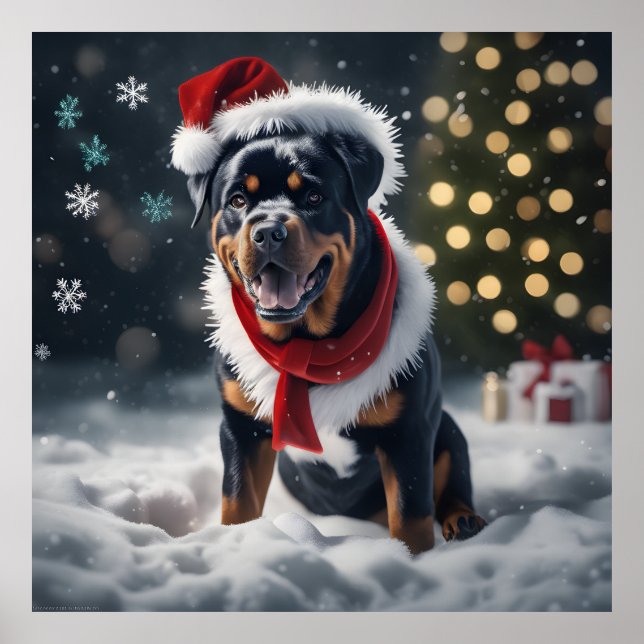 Póster Navidades festivos Rottweiler Dog con Santa Hat (Frente)
