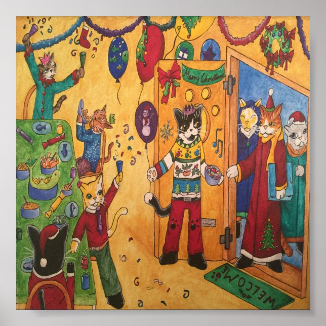 Póster Navidades Fiestas Gatos (Frente)