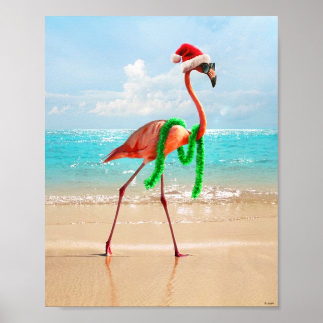 Póster Navidades Flamingo en la playa (Frente)