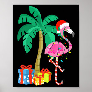 Póster Navidades Flamingo Rosado Palm Tree Tropical Xmas 
