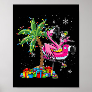 Póster Navidades Flamingo Rosado Palm Tree Tropical Xmas