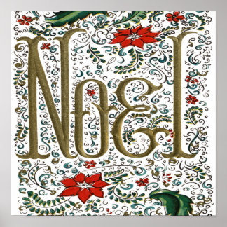 Póster navidades franceses vintage poinsettia joyeux noel