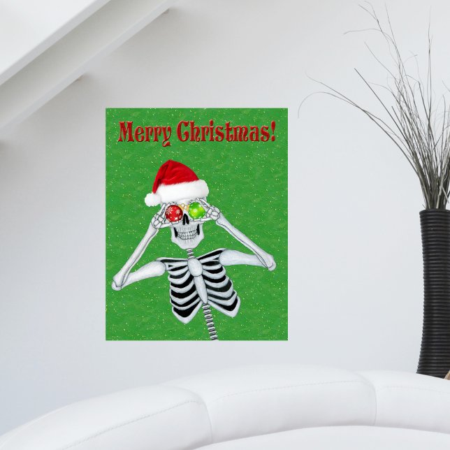 Póster Navidades Gorra de esqueletos Ornamentos Dorados v (Fun Merry Christmas Skeleton with ornament eyes Santa Hat on Green with gold flecks artwork poster.)