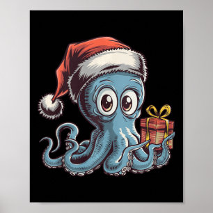 Póster Navidades Graciosos Se Octopus Con Santa Hat Para