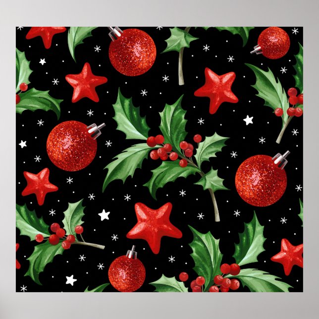 Póster Navidades Holly Snow Stars Seamless (Frente)