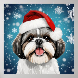Póster Navidades honestos Shih Tzu Perro con Santa Hat