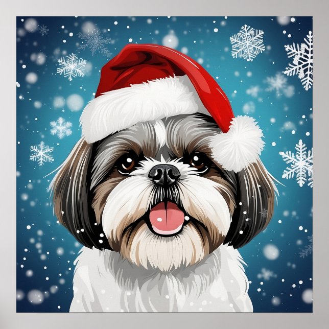 Póster Navidades honestos Shih Tzu Perro con Santa Hat (Frente)