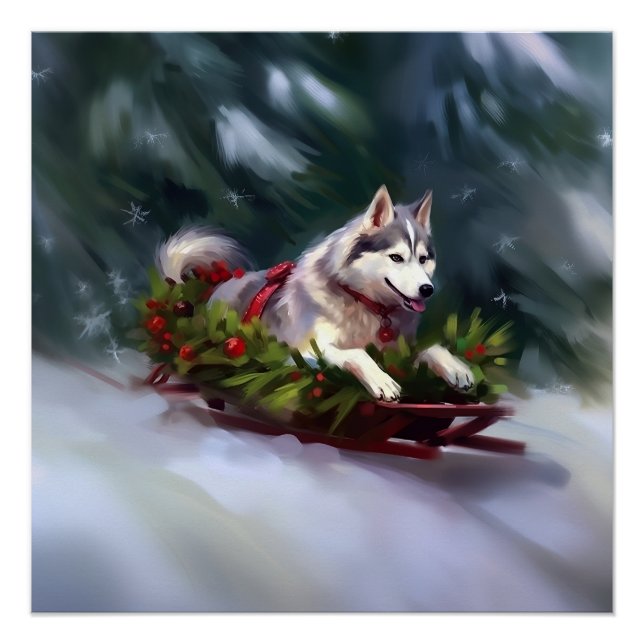 Póster Navidades Husky siberianos nevan el invierno (Anverso)