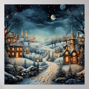 Póster Navidades Ilustracion decorativo de la aldea