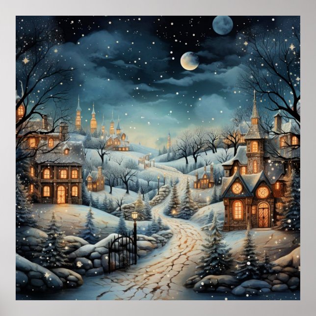 Póster Navidades Ilustracion decorativo de la aldea (Frente)