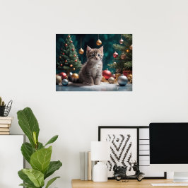 Póster Navidades juguetones gatitos cerca del árbol con o